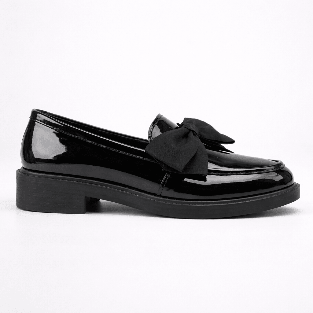 Womens Patent Bow Loafers – Round Toe Slip-On Flat Shoes