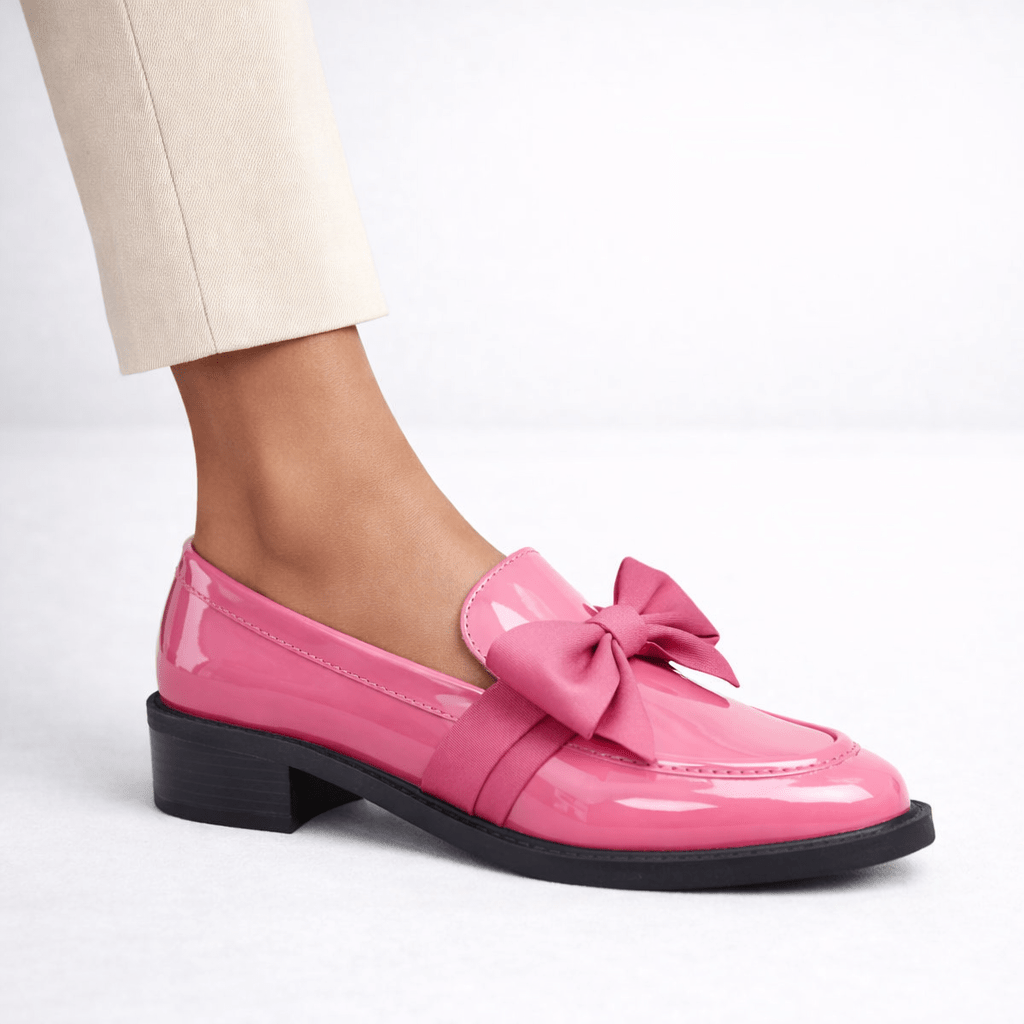 Womens Patent Bow Loafers – Round Toe Slip-On Flat Shoes