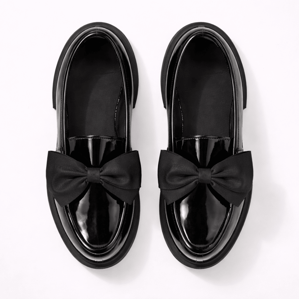 Womens Patent Bow Loafers – Round Toe Slip-On Flat Shoes