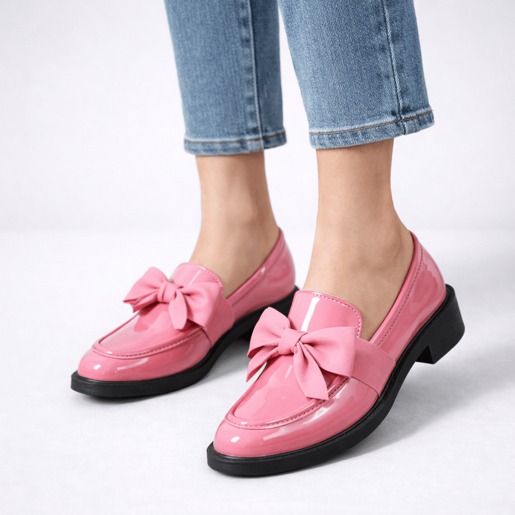 Womens Patent Bow Loafers – Round Toe Slip-On Flat Shoes