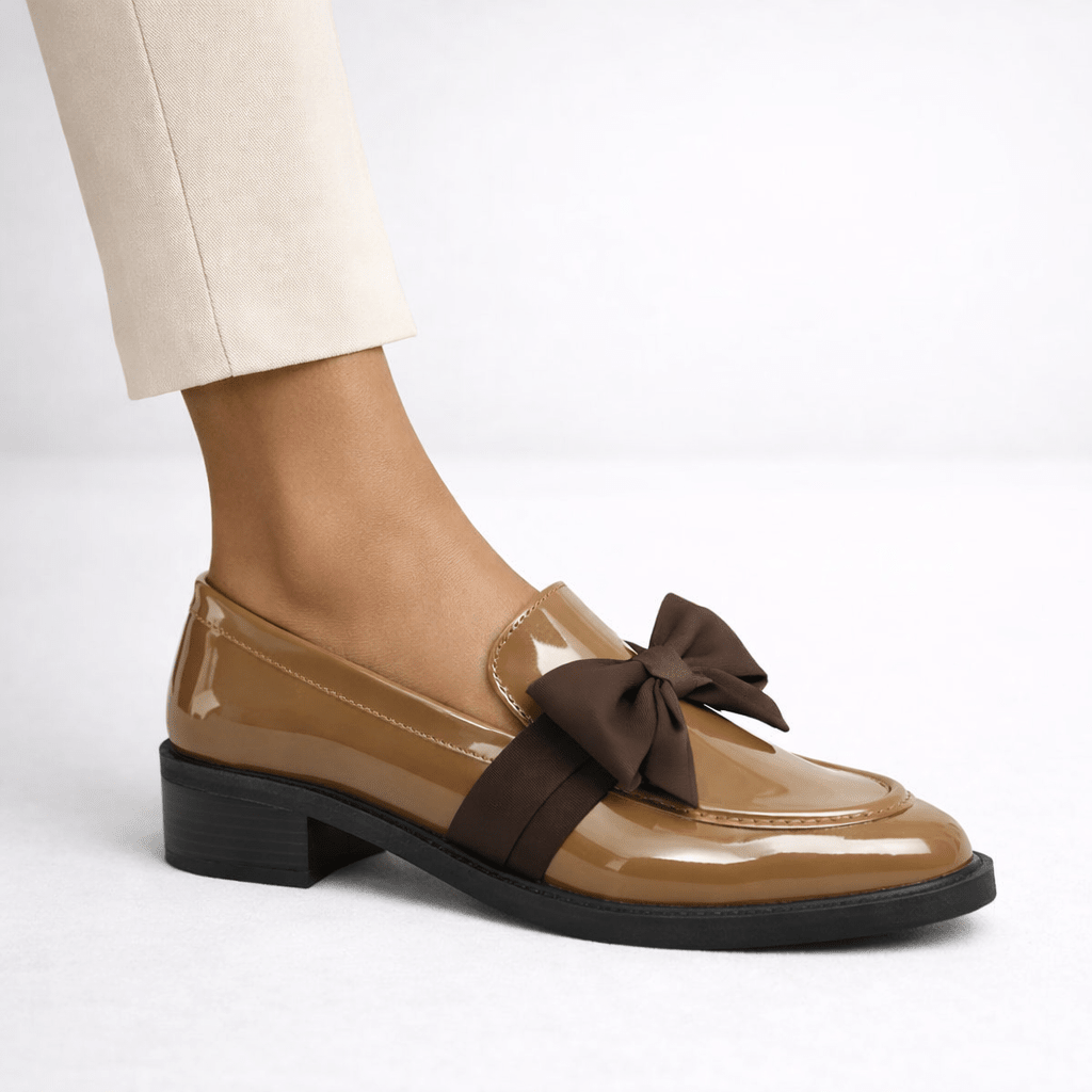Womens Patent Bow Loafers – Round Toe Slip-On Flat Shoes