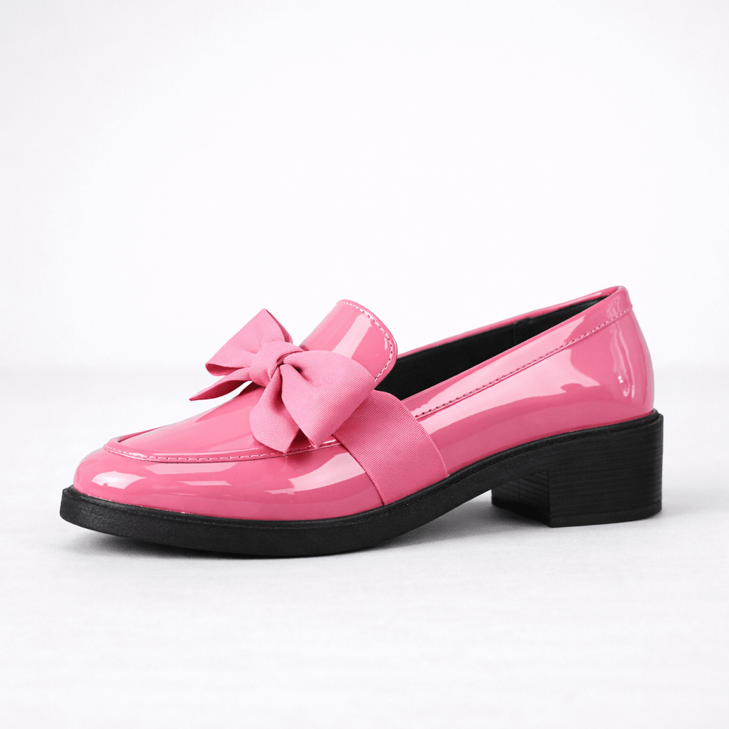 Womens Patent Bow Loafers – Round Toe Slip-On Flat Shoes
