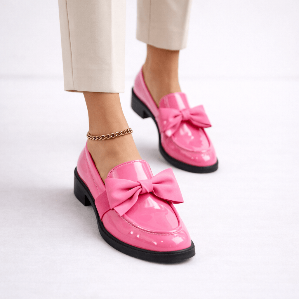 Womens Patent Bow Loafers – Round Toe Slip-On Flat Shoes
