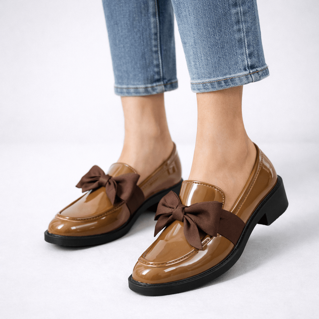 Womens Patent Bow Loafers – Round Toe Slip-On Flat Shoes
