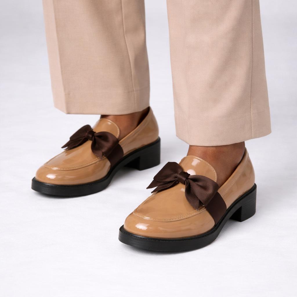 Womens Patent Bow Loafers – Round Toe Slip-On Flat Shoes