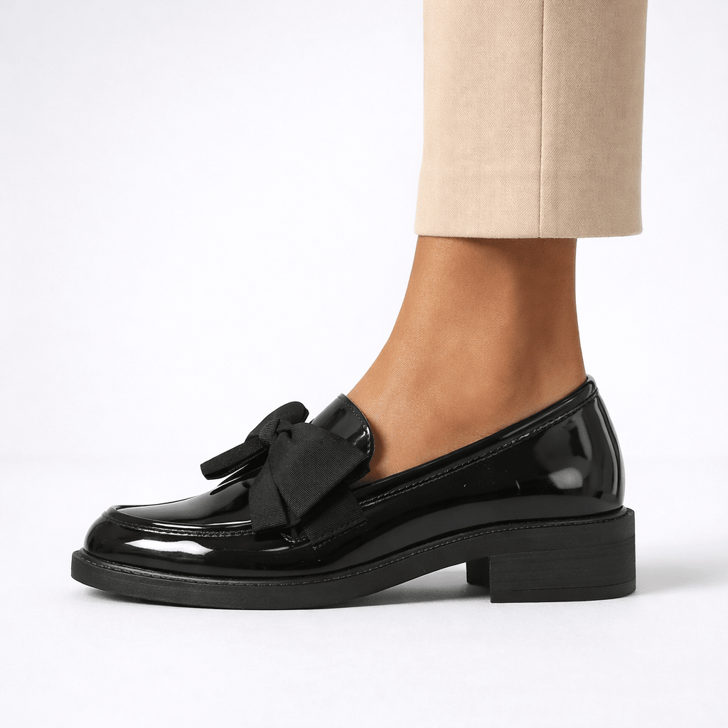 Womens Patent Bow Loafers – Round Toe Slip-On Flat Shoes