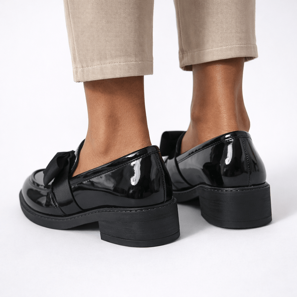 Womens Patent Bow Loafers – Round Toe Slip-On Flat Shoes