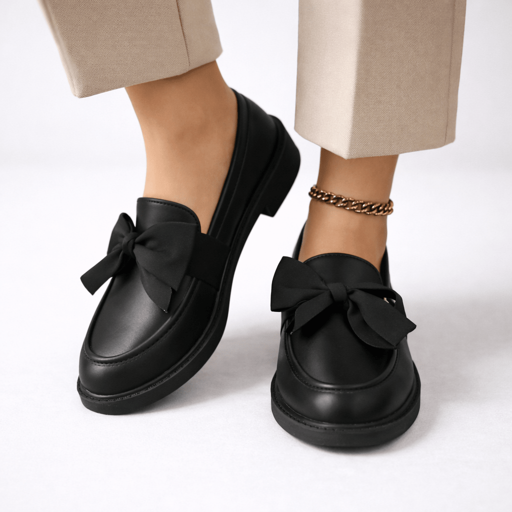 Womens Patent Bow Loafers – Round Toe Slip-On Flat Shoes