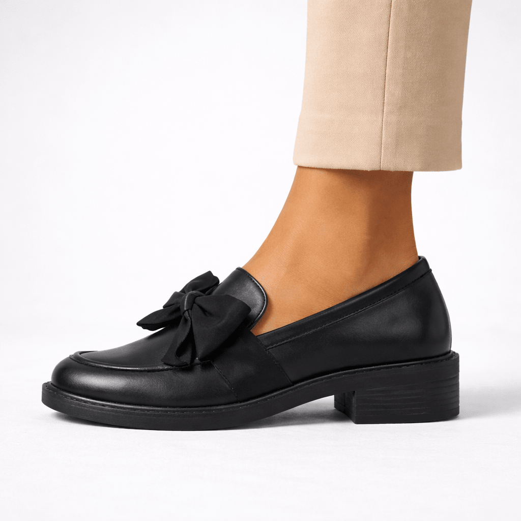 Womens Patent Bow Loafers – Round Toe Slip-On Flat Shoes