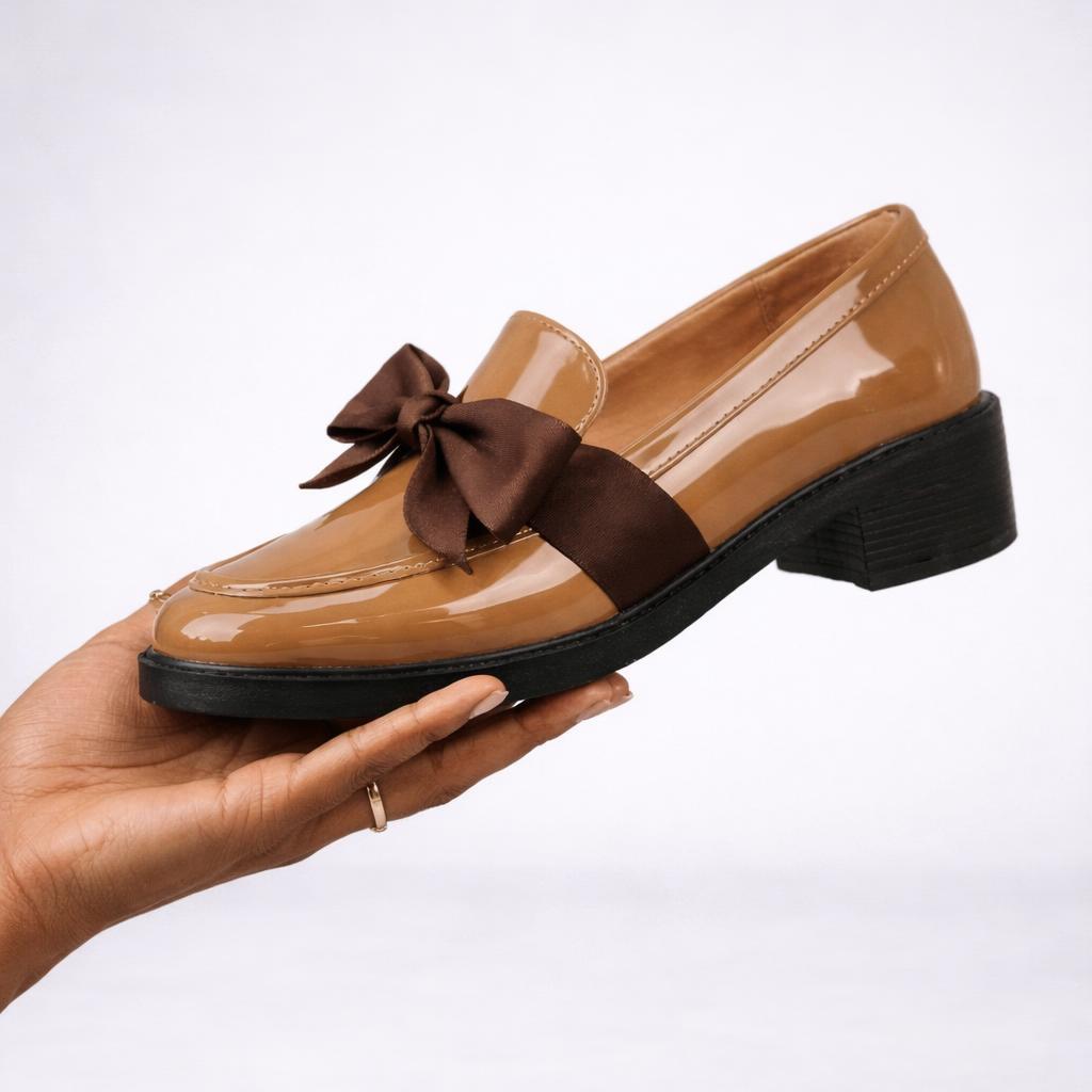 Womens Patent Bow Loafers – Round Toe Slip-On Flat Shoes