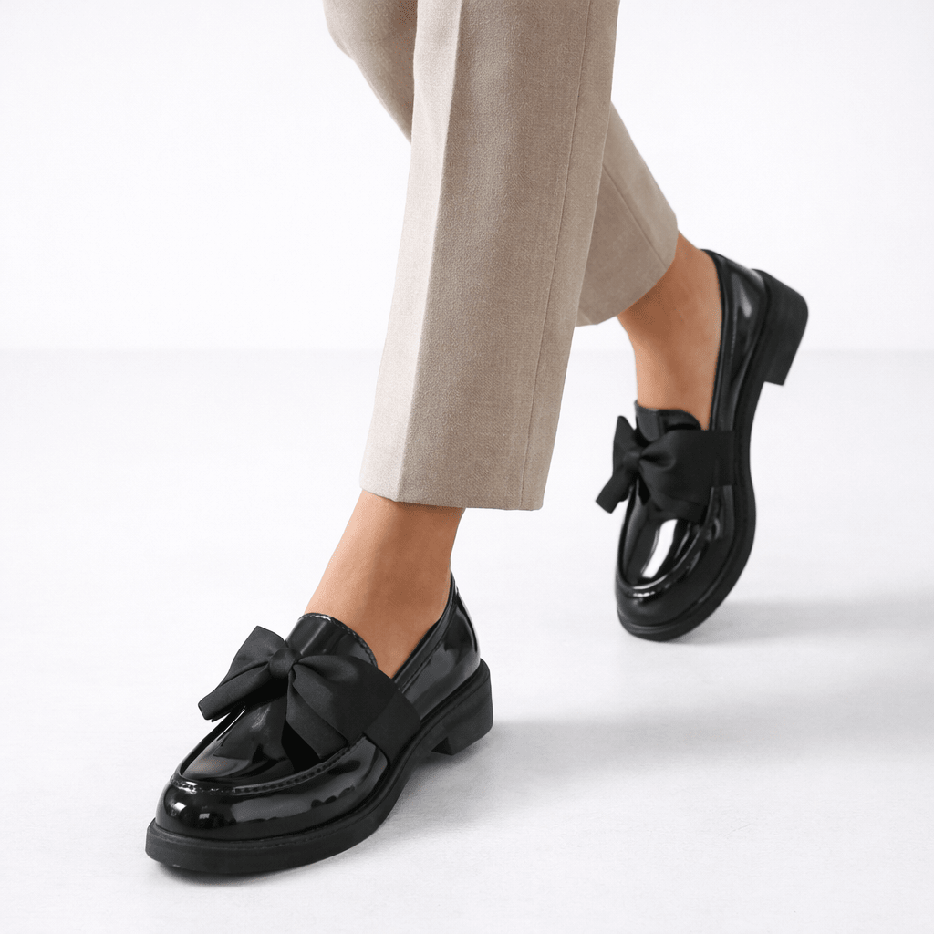 Womens Patent Bow Loafers – Round Toe Slip-On Flat Shoes