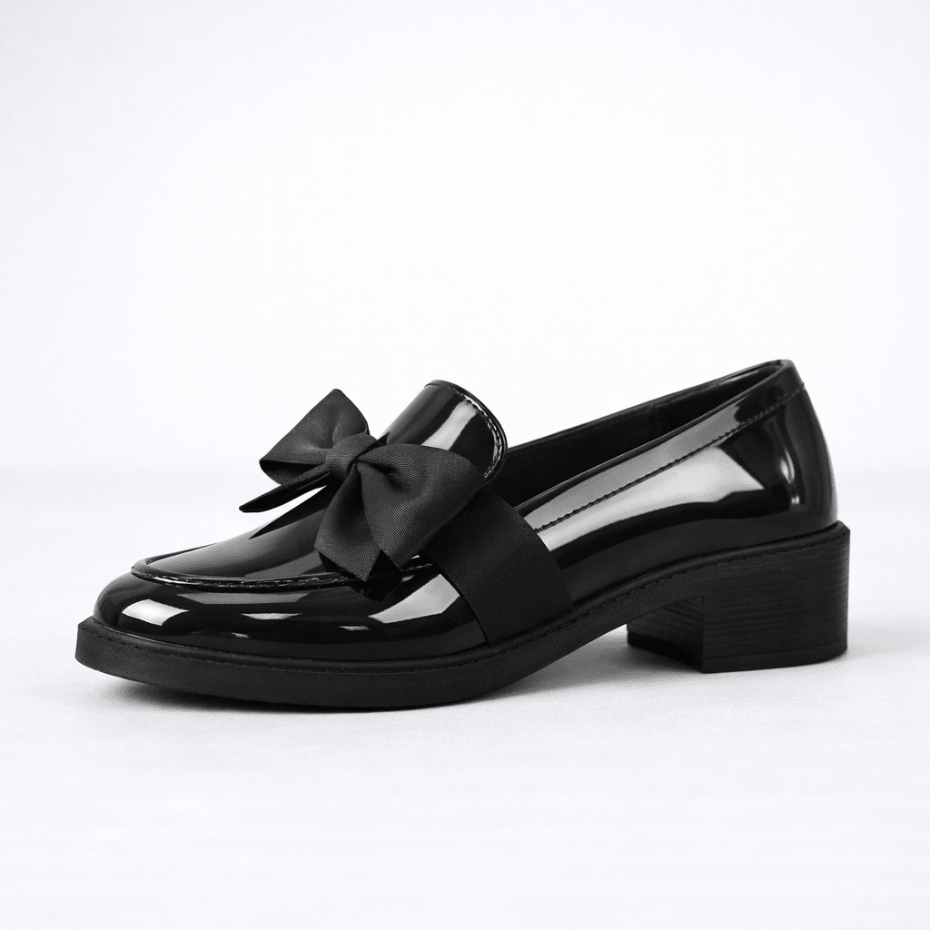 Womens Patent Bow Loafers – Round Toe Slip-On Flat Shoes