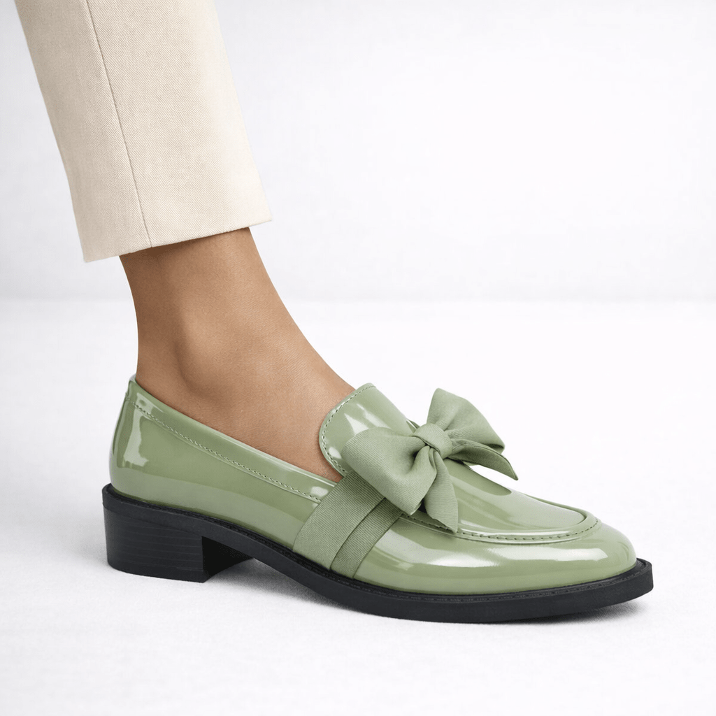 Womens Patent Bow Loafers – Round Toe Slip-On Flat Shoes