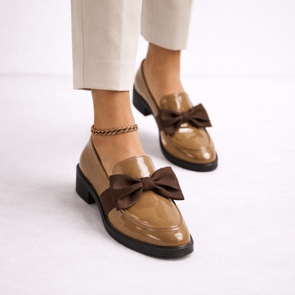 Womens Patent Bow Loafers – Round Toe Slip-On Flat Shoes
