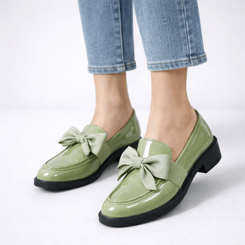 Womens Patent Bow Loafers – Round Toe Slip-On Flat Shoes