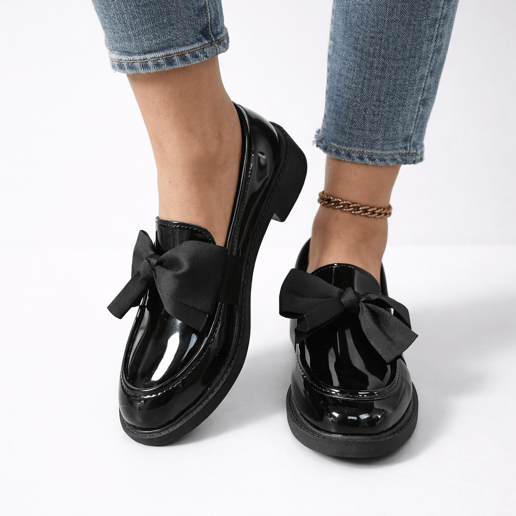 Womens Patent Bow Loafers – Round Toe Slip-On Flat Shoes