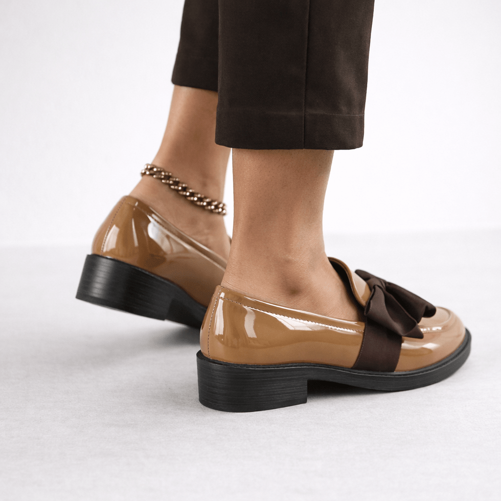 Womens Patent Bow Loafers – Round Toe Slip-On Flat Shoes